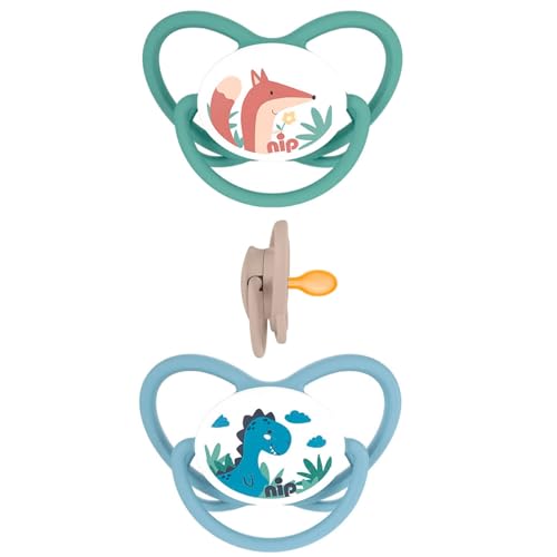 nip Latex Chupete mariposa con anillo, paquete de 2 unidades, tetina plana de caucho natural, simétrica, apto para lactancia, libre de BPA, sostenible, 0-6 meses desde el nacimiento, amigable con los