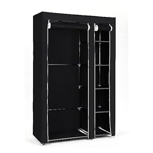 SONGMICS Portable Wardrobe, Foldable Closet, Clothes Storage Organiser with Hanging Rail, Shelves, Fabric Cover, for Bedroom, Cloakroom, 110 x 45 x 175 cm, Black LSF007