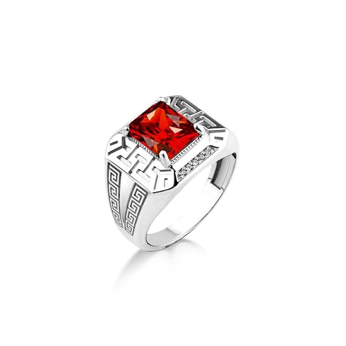Anillo De Piedra De Rubí Rojo Cortado En Racangle Para Hombre En Plata 925, Anillo De Piedra De Rubí Con Símbolos Griegos Para Hombre, Anillo De Sello De Hombre De Piedra Roja, Regalo Para Papá