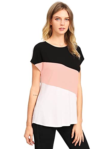 Romwe Women's Color Block Blouse Short Sleeve Casual Tee Shirts Tunic Tops Pink Black White Xxxxl #TOP7