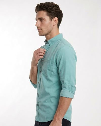 Image of Amazon Brand - INKAST Men Washed Cotton Twill Denim Casual Button Down Shirt | Full Sleeves | Regular Fit | Stylish Summer - Everyday Wear
