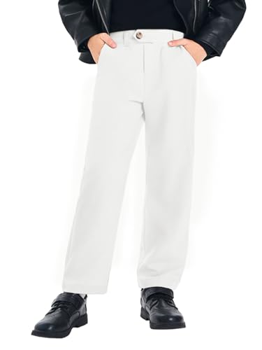 Haloumoning Boys Dress Pants Kids Slim Fit Elastic Waist Uniform Trousers with Pockets 5-14 Years