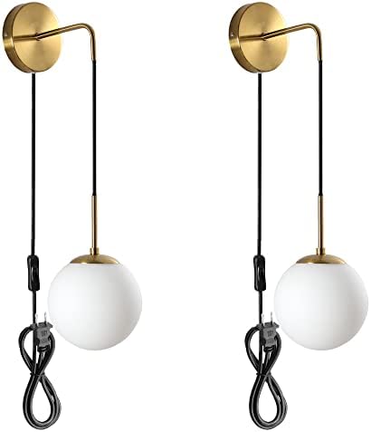 Wall Sconces Set of Two,Plug in Wall Sconces,Antique Gold Wall Lamp with Plug in Cord and On/Off Switch,Hanging Wall Mounted Lights for Bedroom Living Room,Globe Frosted Glass Shade,No Wiring Required