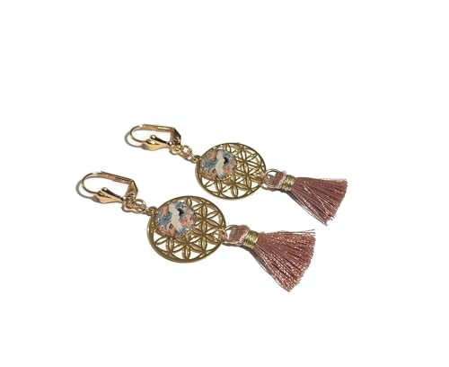 Boucles d'oreilles oiseau japonais vert rose pastel or rose