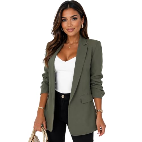 Image of Ladies Ruched Sleeve Blazers For Women Formal Office Jacket (Khaki, Medium)