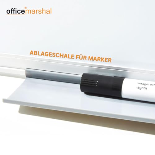 OfficeMarshal Pizarra blanca magnética 90x60 cm con marco de aluminio y portapluma extraíble para oficina, hogar, escuela, resistente a rayones y borrado en seco