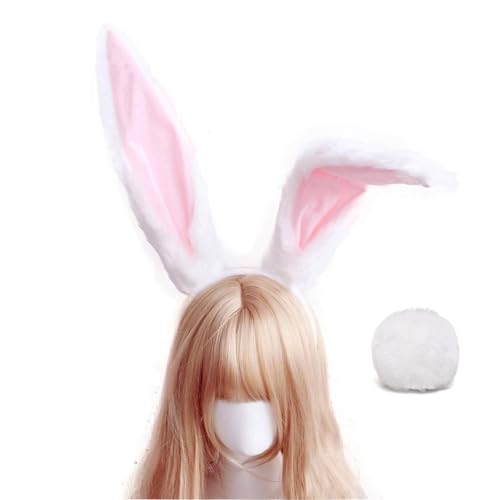 Seglorwy Bunny Ears Plush Halloween Easter Bunny Rabbit Ears Headband for Women Adult Party Costume Accessories Headwear (Pink+White Bunny Tail)