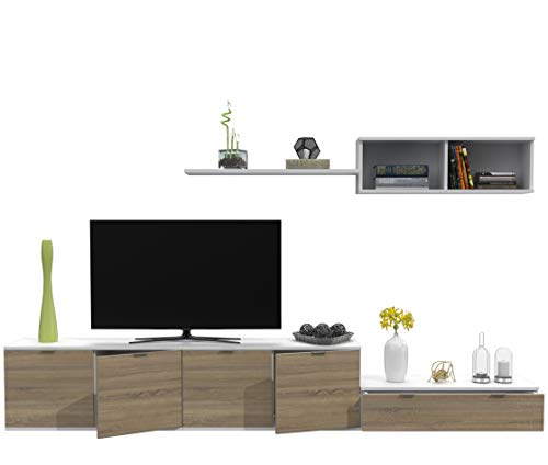 DORMIDAN- SL12, Mueble de Comedor, Conjunto de Salon, módulo bajo, modulo Colgante (Blanco/Roble, 3 Metros)