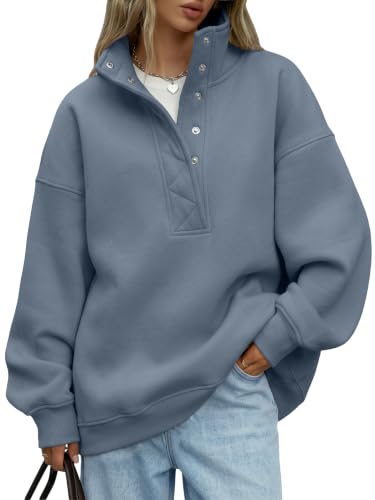 Trendy Queen Womens Oversized Sweatshirts with Snap Button Henley Collar