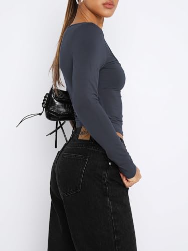 Women's Long Sleeve Going Out Crop Top Sexy Pleated Trendy Shirt Sweetheart Neck Y2K Ruched Cropped Tops4