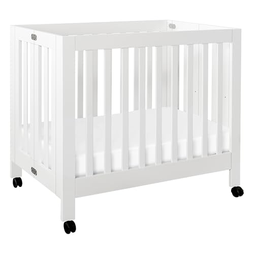 Babyletto Origami Mini Crib w/ Wheels & 1″ Mattress Pad - Foldable & Converts to Twin Bed - Easy Assembly - GREENGUARD Certified - 2 Adjustable Mattress Heights - Conversion Kit Sold Separately, White