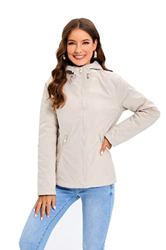 Meeuwstad Women's Casual Hooded Jacket Fashion Quilted Lined Coat Zip Up Lightweight Padded Warm Outwear (Beige, M) #TOP3