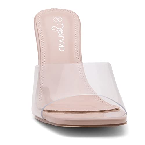 Image of Shoe Land Melrose Women's High Heels Stiletto Heeled Slides, Square Open Toe One Band Slip-On Heeled Mules - Dressy Clear Heeled Sandals for Prom Party Wedding and Vacation