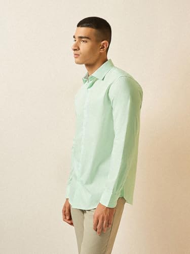 Image of THE BEAR HOUSE Men's Green Vertical Striped Tailored Fit Formal Shirt