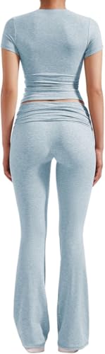 Image of ZFLM Casual Workout Two Piece Outfits for Women Short Sleeve Crop High Waist Foldover Flare Pants Tracksuit Sets Streetwear