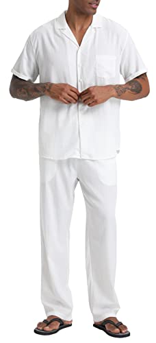 Men's Beach Clothes 2 Piece Outfits Sets Casual Short Sleeve Button Down Shirt Yoga Pants Vacation Suit Summer linen3
