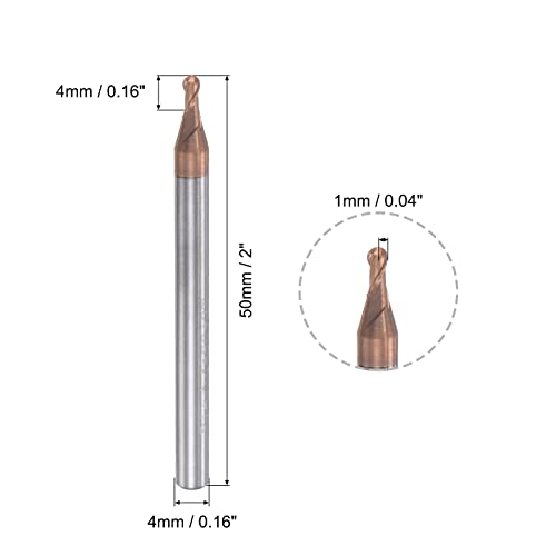 Image of uxcell Ball Nose End Mill 1mm Tip Radius Solid Carbide AlTiSin Coated CNC Router Bits 2 Flute Spiral Milling Cutter HRC55 with 4mm Shank 50mm (2-inch) Length