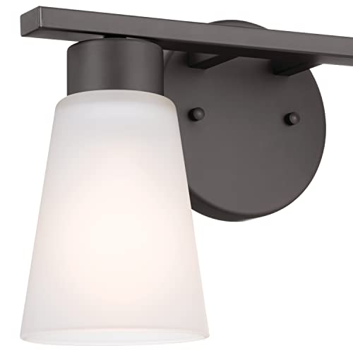 Image of Kichler Stamos 2-Light Bathroom Vanity Light with Satch Etched Glass Shades, 13 inch Modern Wall Light in Olde Bronze, (13 inch x 8 inch x 5 inch)