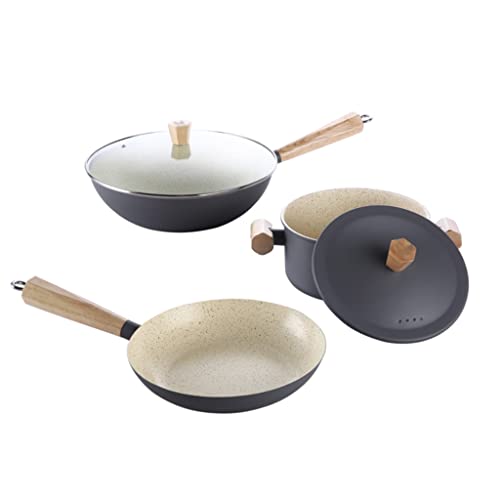 OWOHYG Juego de ollas y sartenes para cocinar, Wok, Olla para Sopa, sartén Antiadherente de Hierro, Juego de Tres ollas con Tapa, Olla para cocinar de Cocina