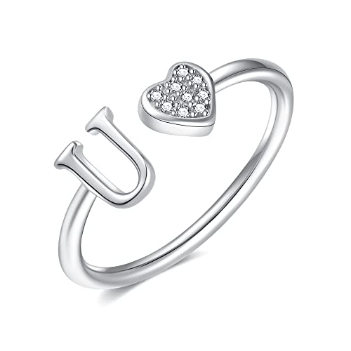 Image of Initial Rings for Teen Girls - S925 Heart Sterling Silver Rings for Teen Girls | 14K Gold /Rose Gold /Sterling Silver Plated Ring for Girls Kids Women Ring for Teenager Girls Gifts Adjustable, No Tarnish, Hypoallergenic