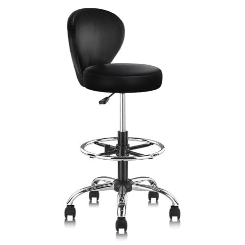 Image of KLASIKA Leather Drafting Stool Chair Padded Seat 360 Swivel Rolling Stools Adjustable Height with Ergonomic Backrest and Footrest, Tall Office Chair for Standing Desk, Studio, Labs, Reception, Black