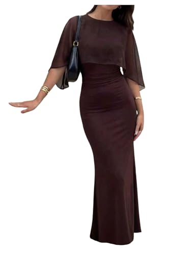 GORGLITTER Womens Chiffon Ruched Cape Dress Going Out Evening Gowns Doman Sleeve Wedding Guest Formal Dress with Shawl Brown Medium