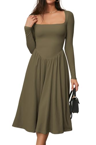 CHYRII Womens Spring Fashion 2025 Square Neck Long Sleeve Casual A-Line Midi Dress Army Green S