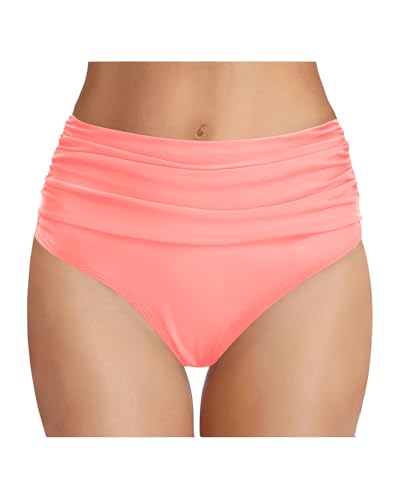 Tempt Me Women's Coral Pink High Waisted Bikini Bottom Tummy Control Ruched Bathing Suit Swim Bottom M