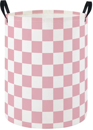 Image of Baby Laundry Hamper Basket Baby Hamper for Nursery Boy and Girl Cute Storage Bin Organizer Boho Room Decor(Pink Checkered)