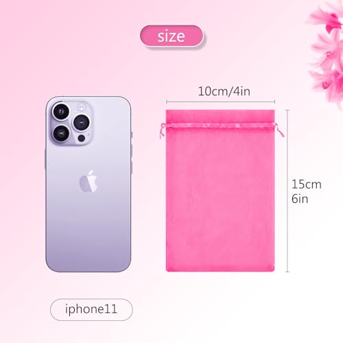 Image of FUNFERY 100Pcs Hot Pink Organza Bags 4x6 in,Small Mesh Drawstring Gift Bag | Little Jewelry Bags for Wedding Party Favors, Mini Drawstring Pouch for Sachet, Candy, Goodie, Treat Bag for Easter Day