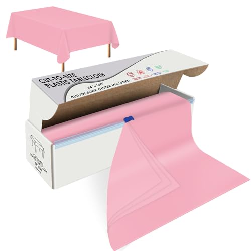 Image of tujol Pink Disposable Plastic Table Cloth Roll 54 inch X 100', Plastic Table Cover with Cutter Box, Cut to Size Disposable Tablecloth for Parties