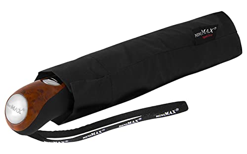 Le Monde du Parapluie Pliant pour Homme Noir - Ouverture Automatique - Poignée Bois Style Ronce de Noyer - Large Protection avec Diamètre de 1 MÈTRE - Résistant au Vent Baleines Fibre de Verre 30 cm