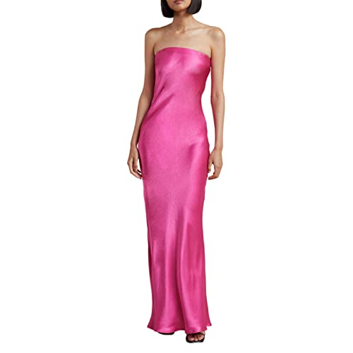 FeMereina Vestido largo sexy sin tirantes de satén de color sólido sin mangas con tubo superior sin mangas vestido de corte bajo Boadycon elegante vestido formal de fiesta de noche, rosa, M