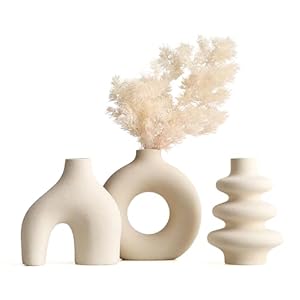 Weiße Keramikvase Satz von 3, kleine Blumenvasen für Pampasgras, Moderne Boho Vasen für Dekor, runde weiße Vasen Mittelstücke für Hochzeit Wohnzimmer Schlafzimmer Couchtisch Eingang