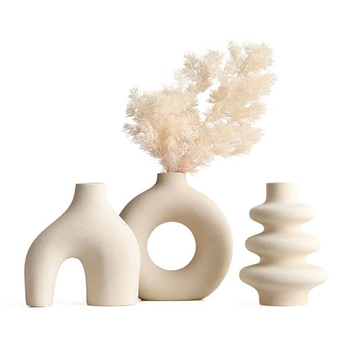 Weiße Keramikvase Satz von 3, kleine Blumenvasen für Pampasgras, Moderne Boho Vasen für Dekor, runde weiße Vasen Mittelstücke für Hochzeit Wohnzimmer Schlafzimmer Couchtisch Eingang