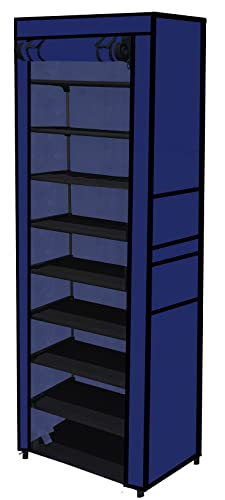 Image of Multi Utility 9 Layer Shelf Collapsible Metal Pipes with Non-Woven 100GSM Fabric Cover for Shoe /Cloth /Toy /Books Rack (Dark Blue, Metal)