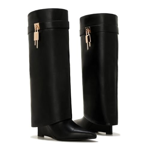 Women's Wide Calf Shark Boots - Fold Over Knee High Leather Boots with Side Zipper and Lock Buckle, Low Wedge Heel Winter Style4