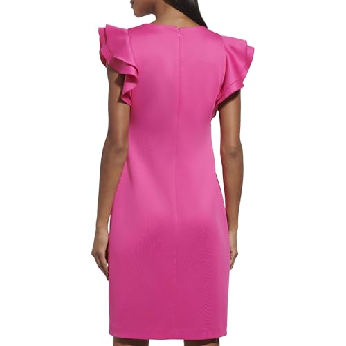 Image of Tommy Hilfiger Women's Sleeveless Ruffle Hem Jewel Neck Crepe Sheath Mini Dress