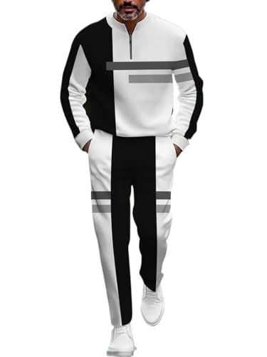 Men's casual half zipper sports suit, fashionable printed bathroom jogging pants two-piece set with pockets (C435,L)