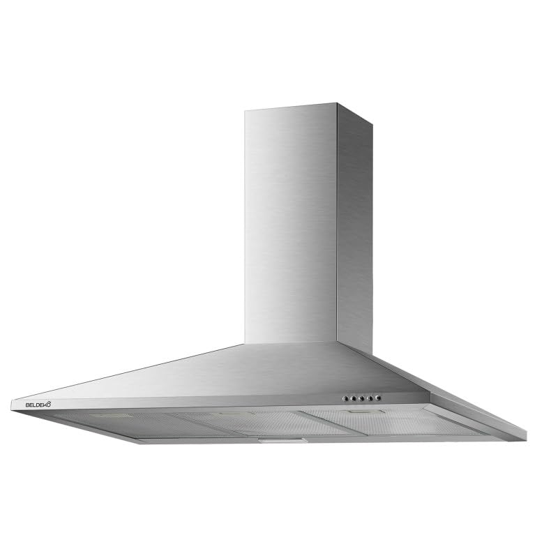 Hotte décorative murale inox 90 cm – design triangle/pyramide – débit 338 m³/h – évacuation ou recyclage – éclairage LED – marque française...