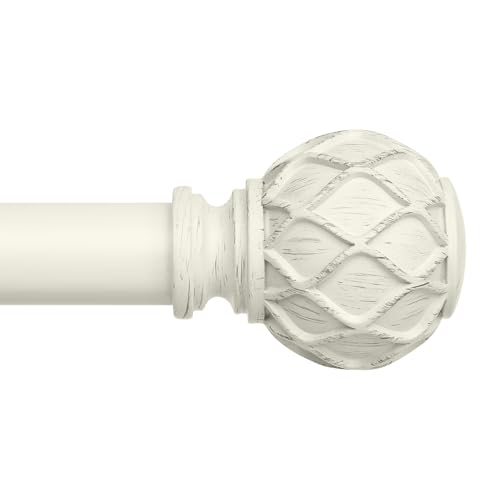 White Curtain Rods 1 Decorative Adjustable Farmhouse Boho Curtain Rod for Windows 72 to 144 Inch(6-12 Feet) Heavy Duty Rustic Drapery Pole with Netted Texture Finials Antique White 30-144
