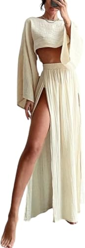 MOLERFOTwo Piece Sets for Women Summer Old Money Long Vest Set Boho Maxi Skirt Set Linen Set 2 Piece Sets for Women Going Out (White,X-Large)