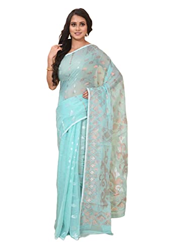 Sari Jamdani de algodón indio turquesa con hilos de cobre y plata zari 5.5m