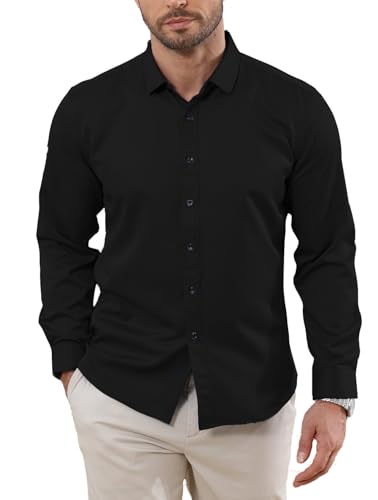 Halfword Camisas Formal Hombre Manga Larga Negocios Botones Elegantes Vestir Casual Boda Regular Fit Negro M