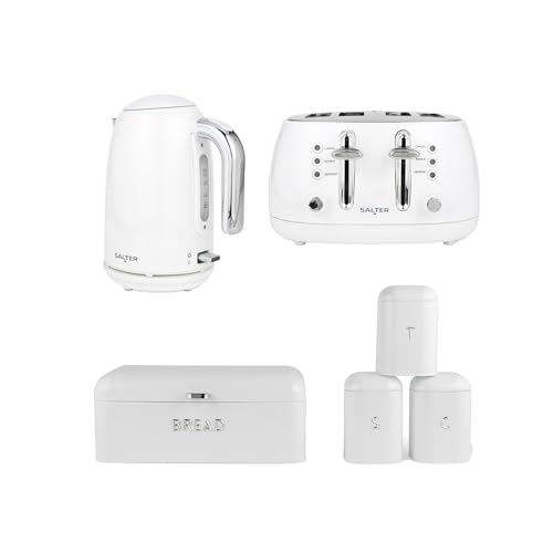 Salter Boston Kettle Toaster & Canister Set 1.7L Fast Boil Kettle Limescale Filter 4-Slice Wide Slot Toaster Bread Bin Tea/Coffee/Sugar Storage Canisters 3kW/1960W Ice White Shimmer Finish