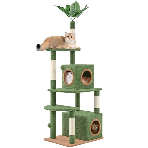 Topeakmart 59in Cat Tree, Palm Leaf Cat Tower for Indoor Cats with Green Leaves, Cat Climbing Frame with Fluffy Balls Natural Sisal Scratching Posts Platform Condo for Kitty