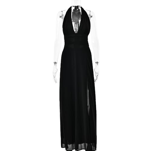 Image of ANKOMINA Women's Sexy V Neck Halter Backless Maxi Dress Ruched High Split Long Bodycon Dresses for Party Cocktail Evening