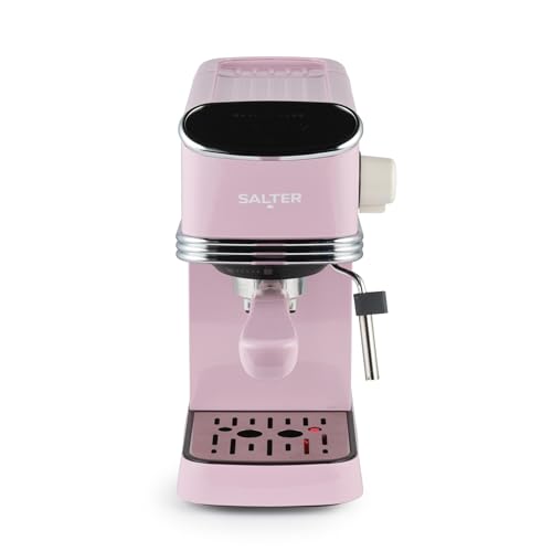 Salter Retro Espresso Machine – Pink Coffee Machine with Milk Frothing Wand, Cappuccino/Latte, 20-Bar Pressure Pump, 1.35L Water Tank, Ground Coffee, Single/Double Shot, Digital LED Display, 1350W