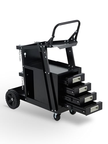 Garvee Welding Cart with 4 Drawers Utility Cart on Wheels for MIG Welder TIG Welder and Plasma Cutter Heavy Duty Storage 360 Rolling Welding Trolley Welders Tool Kit Cart Black