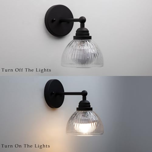 Image of Phansthy Industrial Rechargeable Battery Operated Wall Sconce with Remote Control, Clear Striped Glass Shade Wall Lamp, Vintage Dimmable Indoor Wall Light for Bedroom Living Room Restaurant (Black)